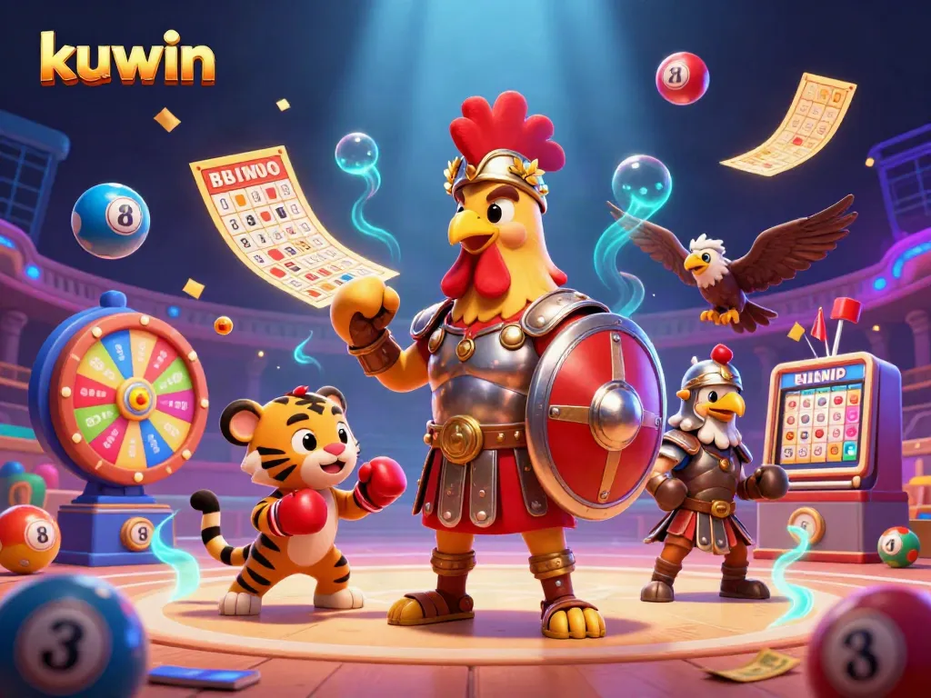 Kuwin's dynamic gaming scene features a gladiator rooster and vibrant lottery elements bringing excitement to online gambling.