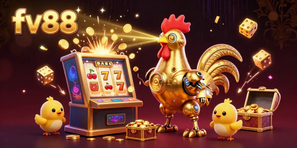 Engage in thrilling gameplay at fv88 with dynamic casino elements and a golden rooster robot.