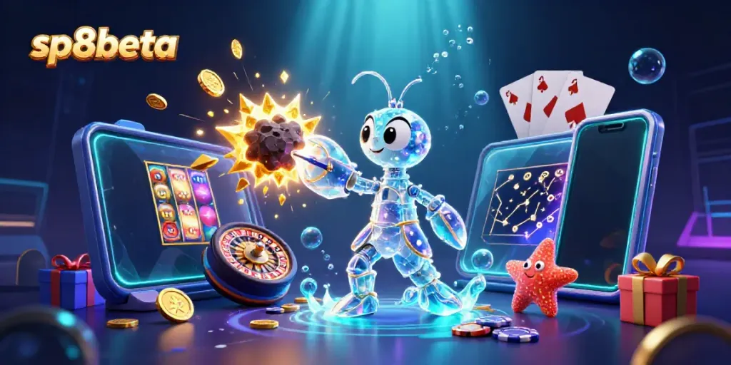 Experience the excitement of sp8beta with our captivating 3D illustration showcasing thrilling casino elements and vibrant characters.
