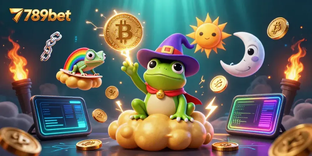 Unleash your luck with 789bet as a wizard frog conjures golden coins amidst crypto elements.