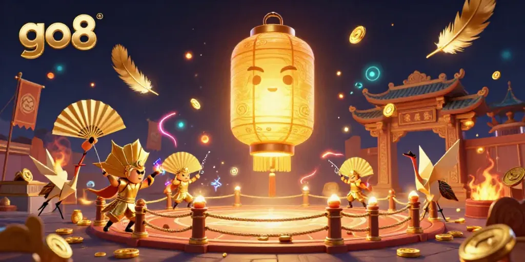 Engage with the go8 gambling universe through a vibrant night market casino scene, showcasing luck through golden lanterns and warriors.