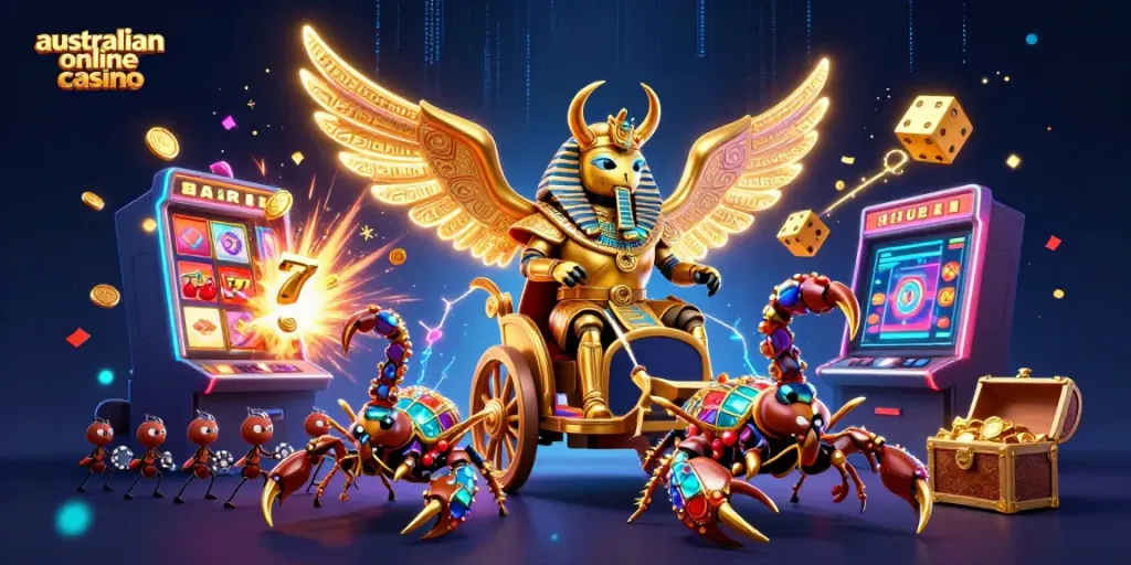 Engage in thrilling action with an australian online casino featuring vibrant 3D characters amid a jackpot explosion of coins.