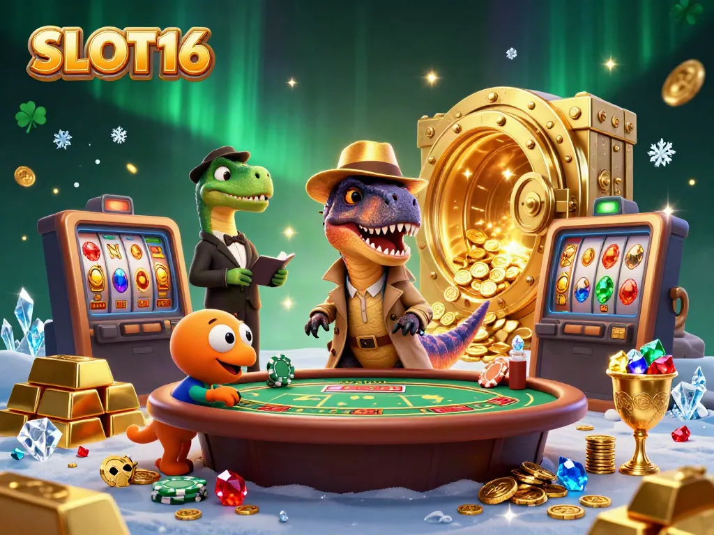 SLOT16 themed illustration with a velociraptor at a blackjack table, surrounded by riches and casino elements.