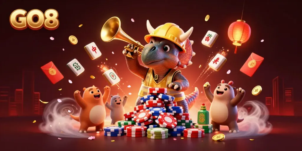 Experience the excitement of GO8 casino with triceratops building poker chips in this vibrant scene.