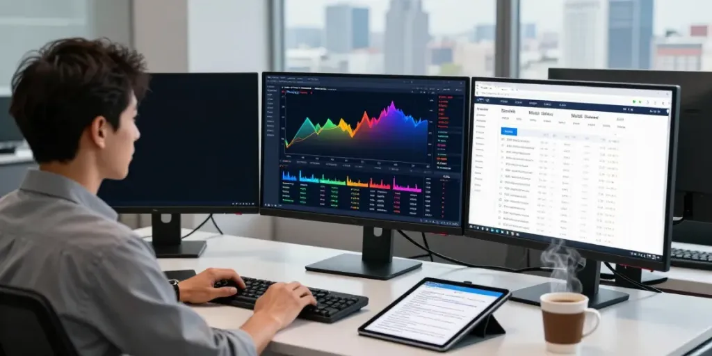 Trader analyzing markets on TradingView with multiple screens in a modern office.