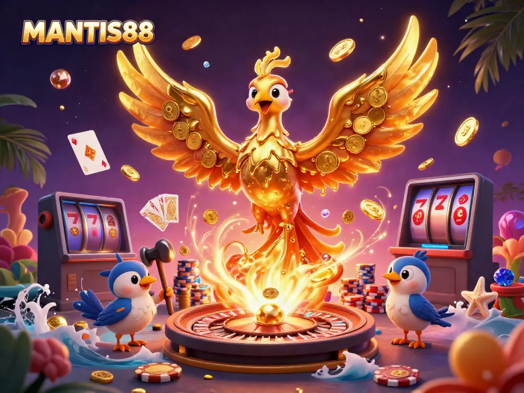 MANTIS88 showcases a vibrant gaming experience with golden phoenix, coins, and casino elements.