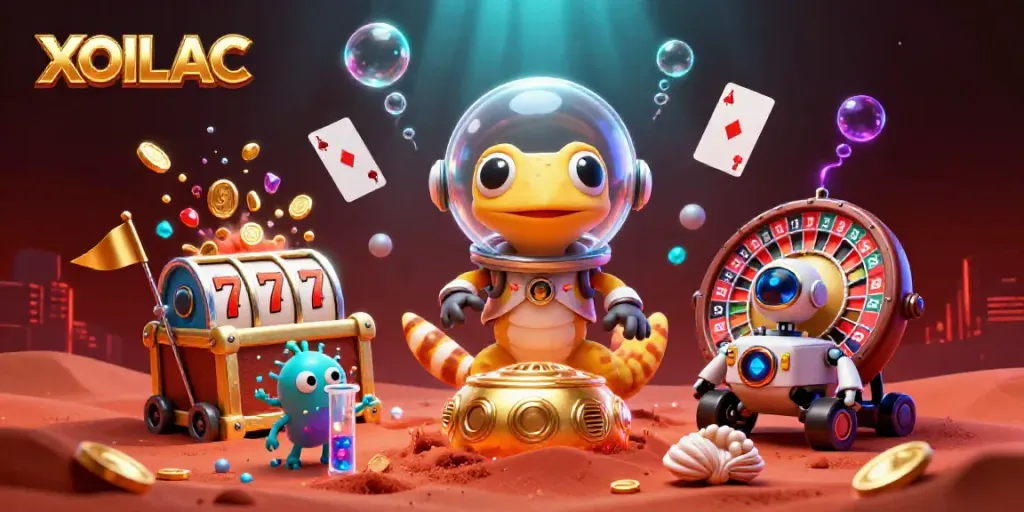 Experience the excitement of XOILAC with a Martian gecko discovering a golden casino amidst vibrant, interactive gambling elements.