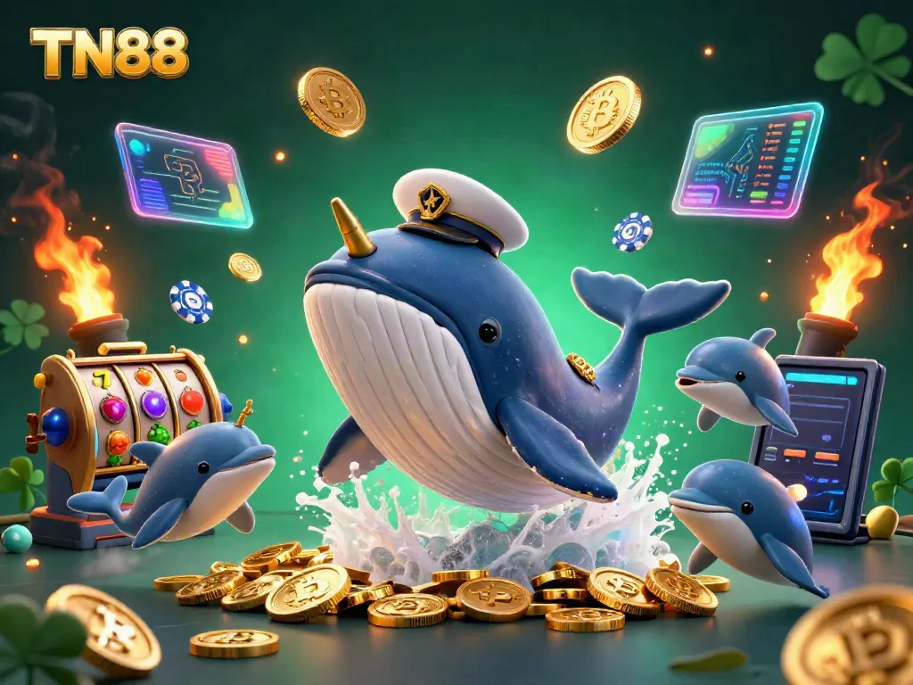 Engage with the thrilling TN88 casino scene featuring a whale, narwhal, and dolphins amid coins and slot reels.