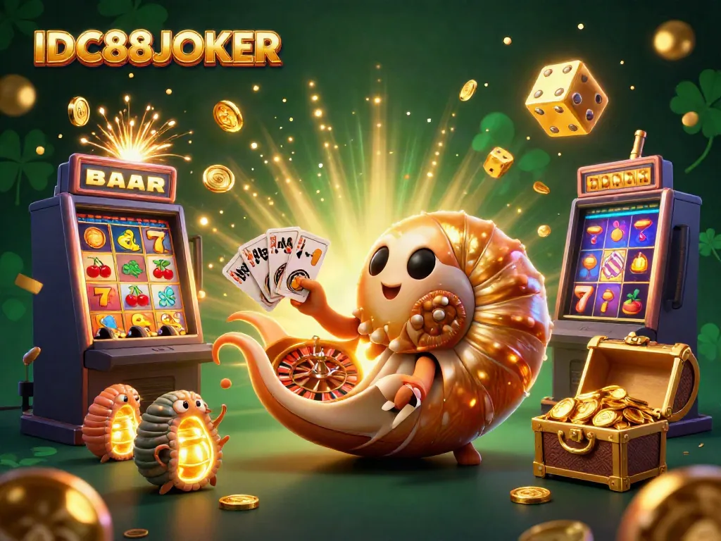 Engaging scene of IDC88JOKER showing a giant nautilus roulette wheel amidst casino elements, celebrating big wins.