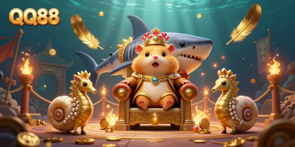 Engage in thrilling gameplay with QQ88's immersive 3D scene, featuring vibrant characters and casino elements.