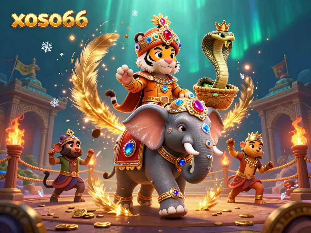 Experience the thrill of xoso66 with a dynamic illustration of a tiger maharaja, jewel elephant, and cobra at a casino-themed arena.