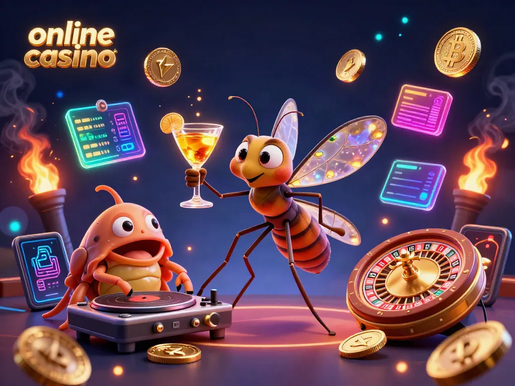Experience the excitement of online casinos with a vibrant 3D illustration showcasing characters and crypto elements.
