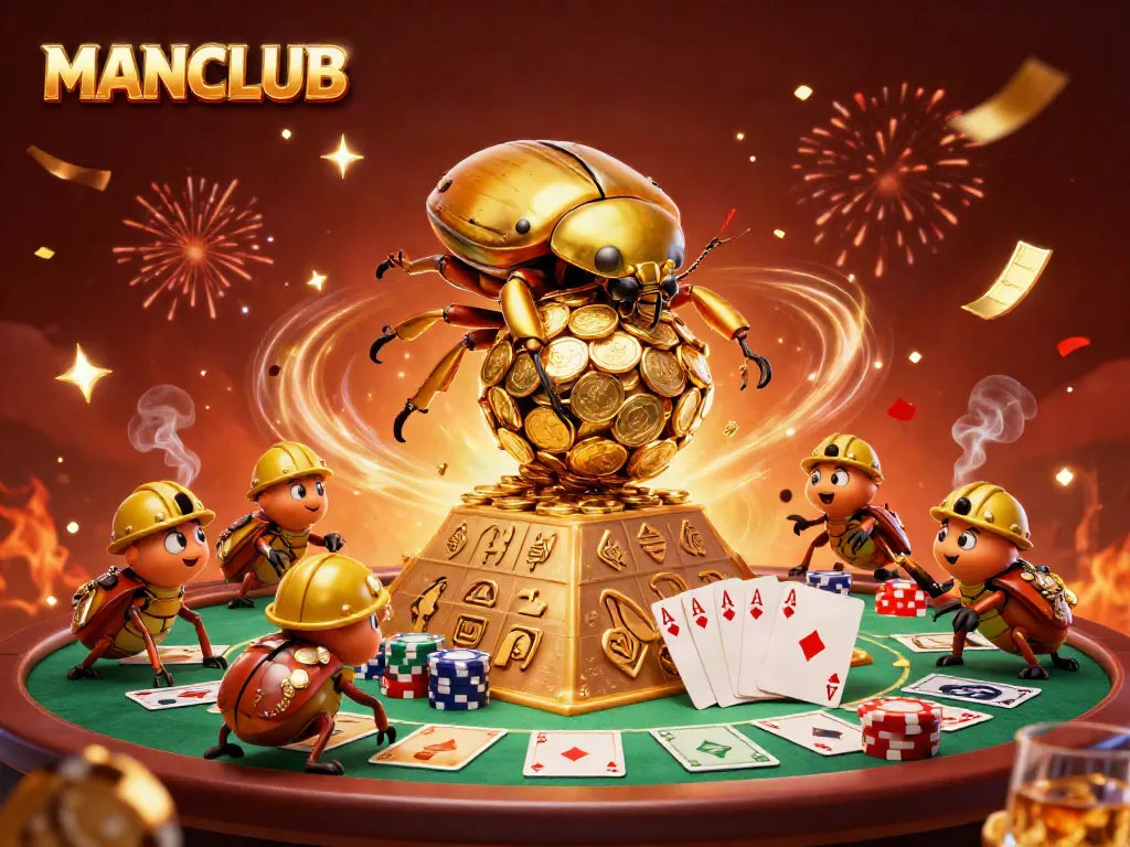Join the excitement at MANCLUB with a golden dung beetle rolling coins at a dynamic casino scene.