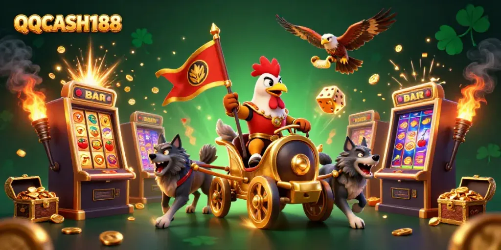 Experience the excitement of QQCASH188 with a dynamic 3D casino scene featuring a rooster warlord and slot machines.