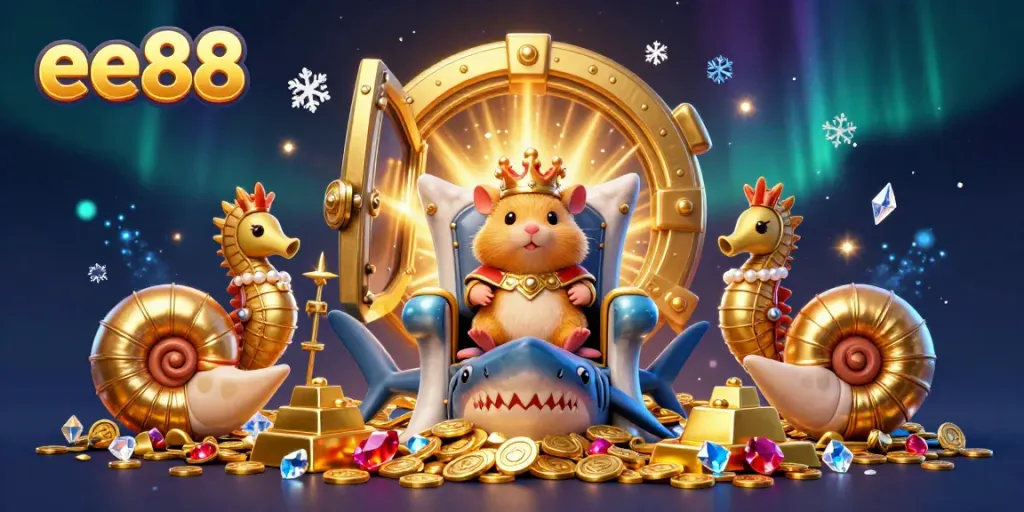Experience the excitement of ee88 with a hamster king on a massive megalodon throne, surrounded by treasures and royal characters.