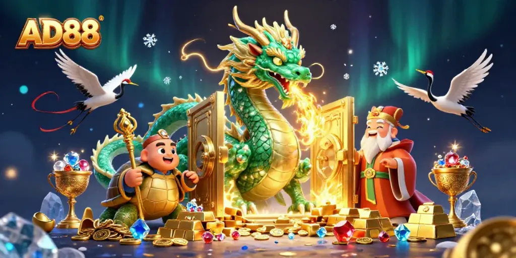Experience the excitement of AD88 with a vibrant 3D casino illustration of dragons and treasures.