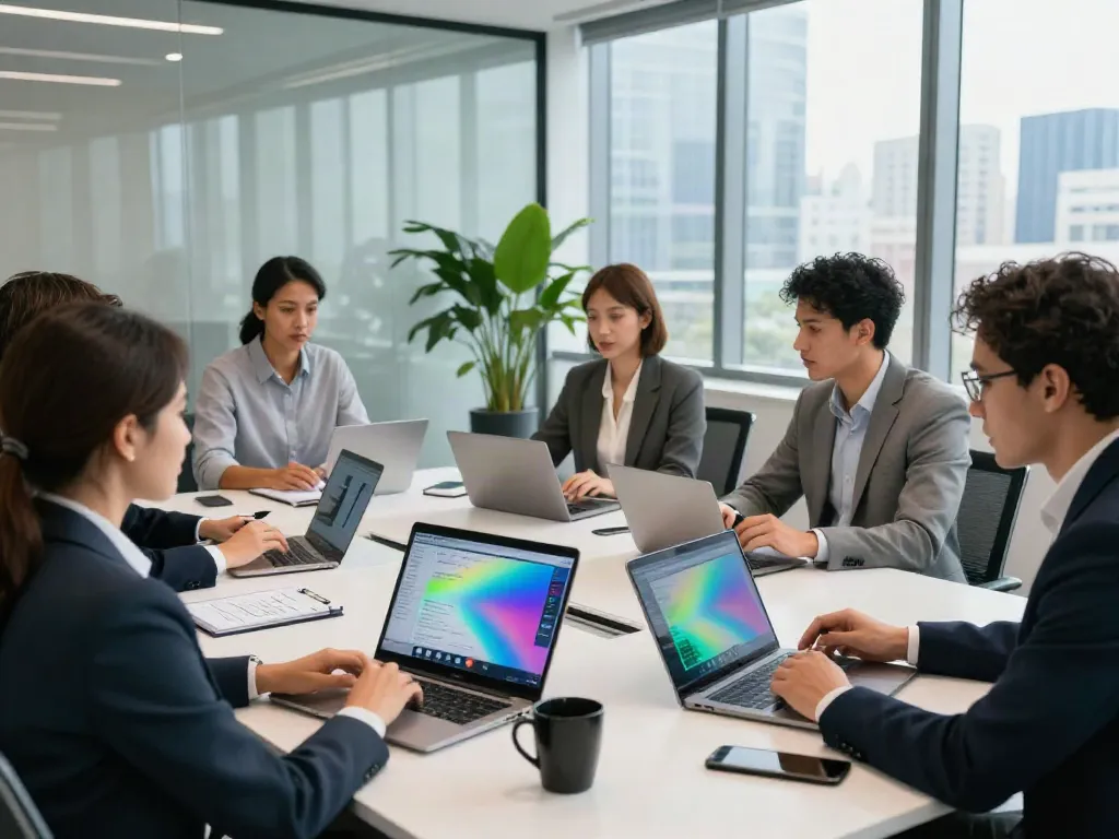 Deepfake protected meetings in a modern office with a diverse team engaged in productive discussions.