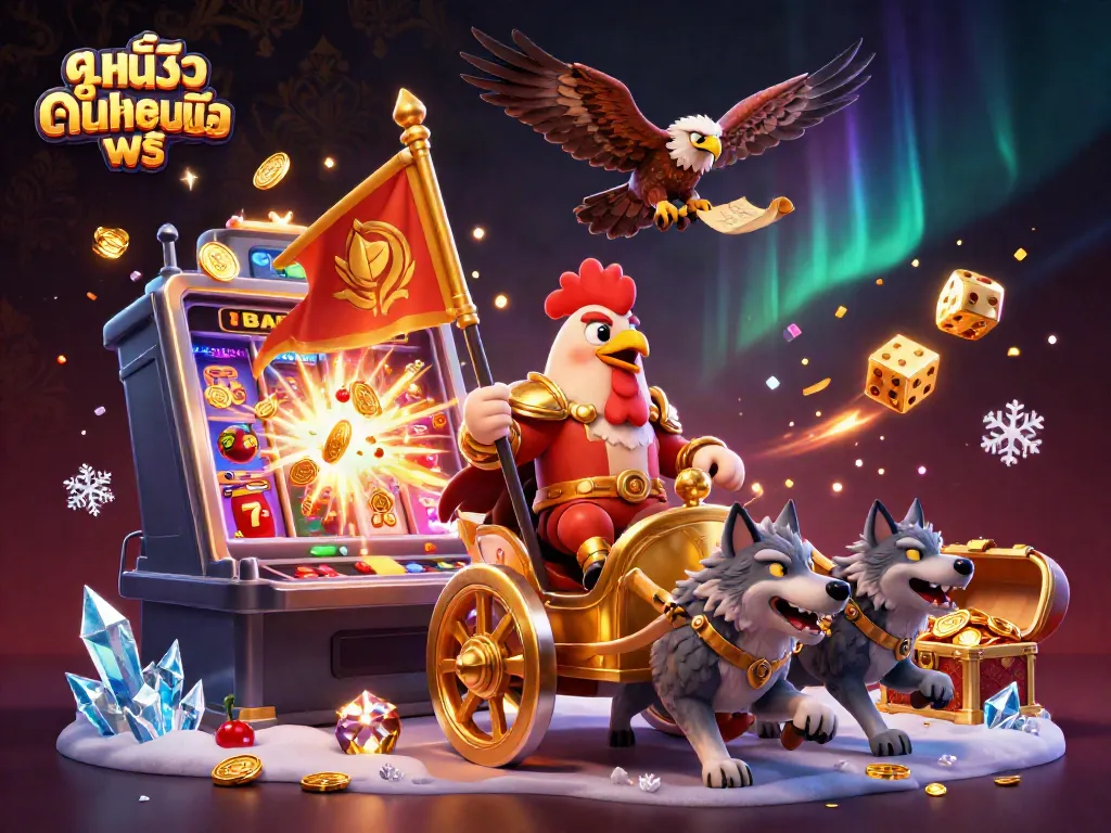 Win big with ดูหนังออนไลน์ฟรี in a vibrant 3D casino scene featuring golden treasures and dynamic characters.