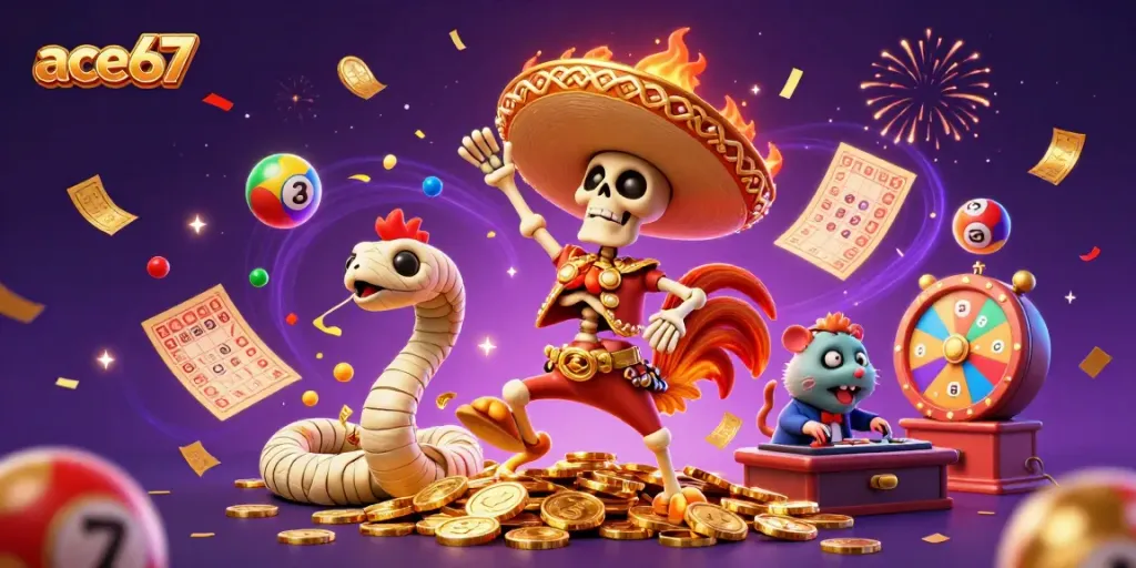Experience the excitement of online gaming with ace67, showcased by dynamic characters and vibrant casino elements.