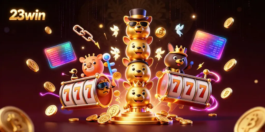 Win big with 23win as you explore a vibrant casino environment filled with animated characters.