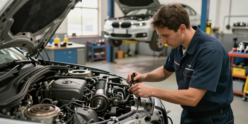 Expert technician performing steuerkette wechseln hannover on BMW engine in automotive workshop