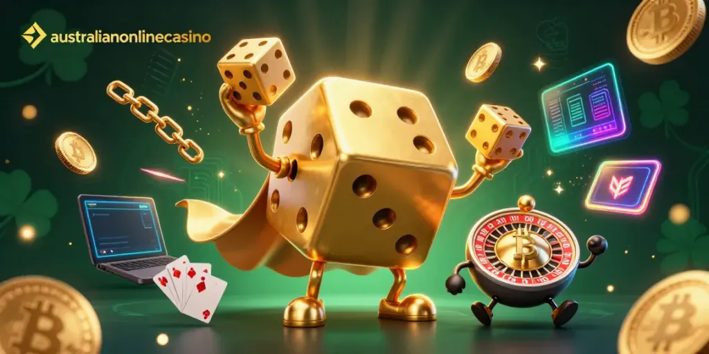 Experience the excitement of australianonlinecasino with a vibrant 3D illustration of unique casino elements.