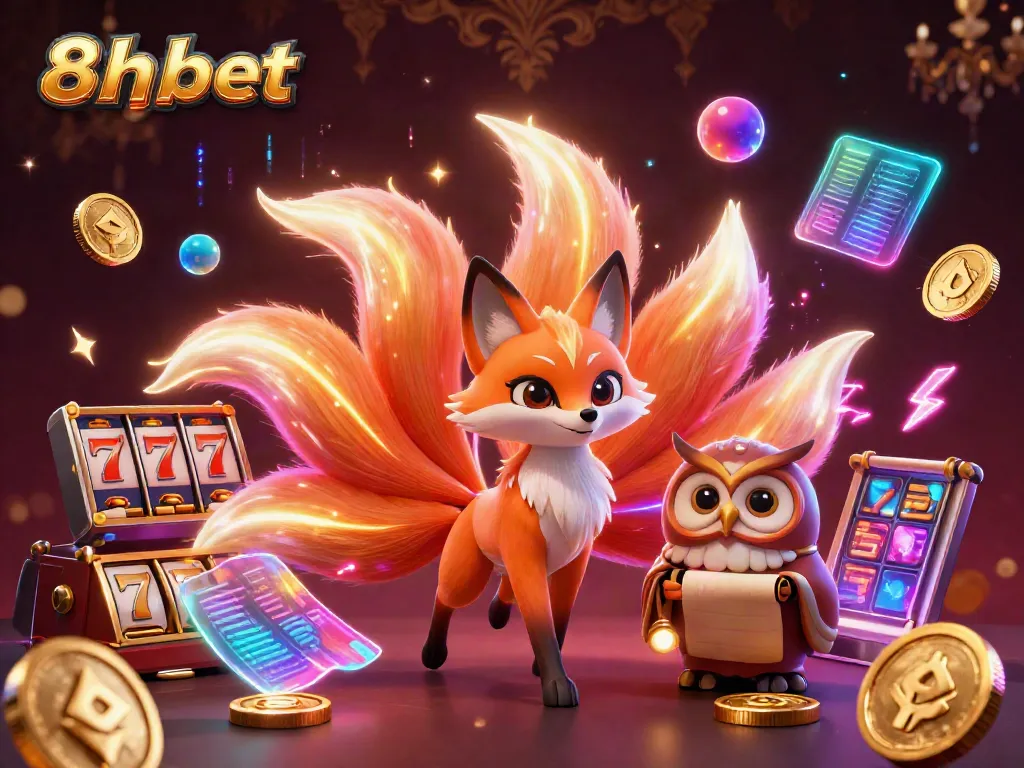 Play slots with 8xbet, featuring a vibrant 3D fox spirit, an owl sage, and colorful gaming elements.