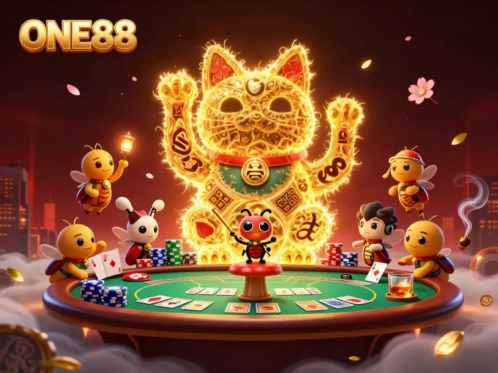 Experience the joy of ONE88 with a vibrant scene of a lucky cat and casino symbols.