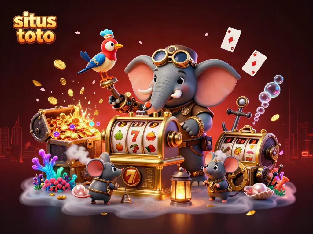 Spin the reels on situs toto with steampunk elephant engineer and vibrant casino elements.