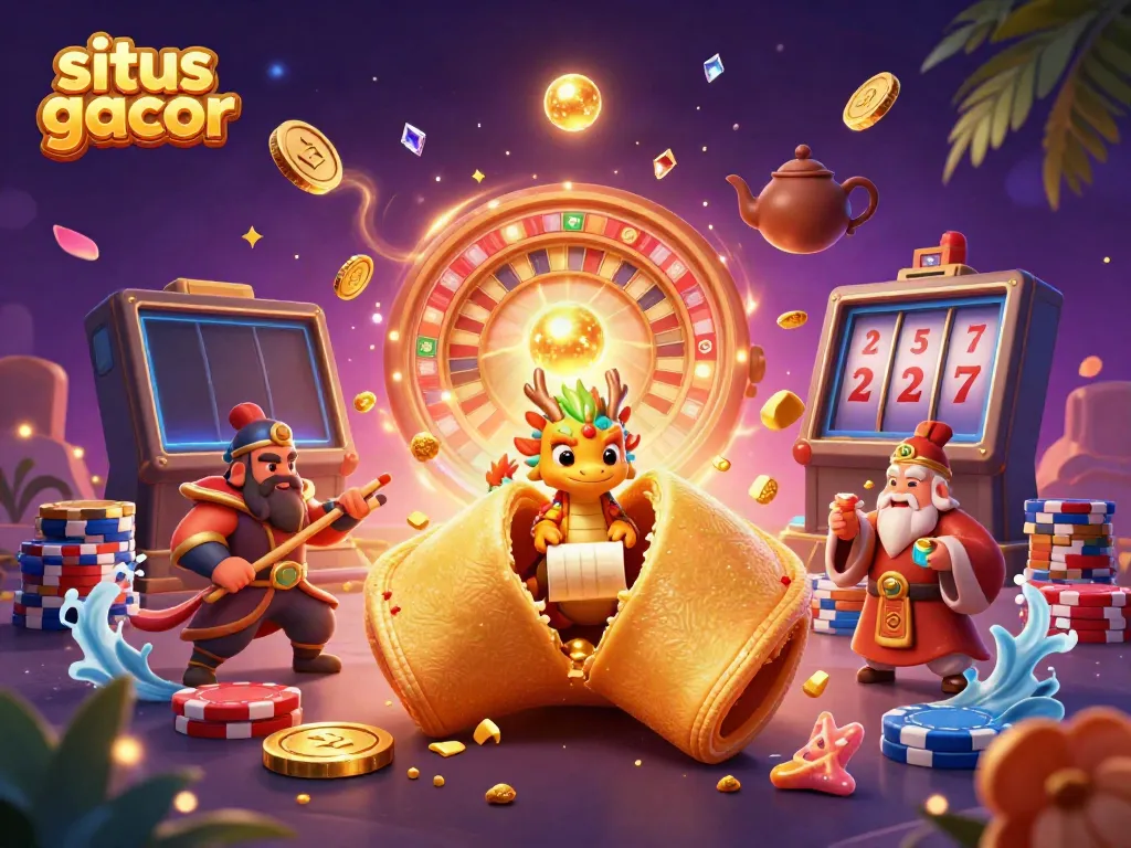 Engaging illustration of situs gacor with characters, coins, and casino elements promoting online gaming excitement.
