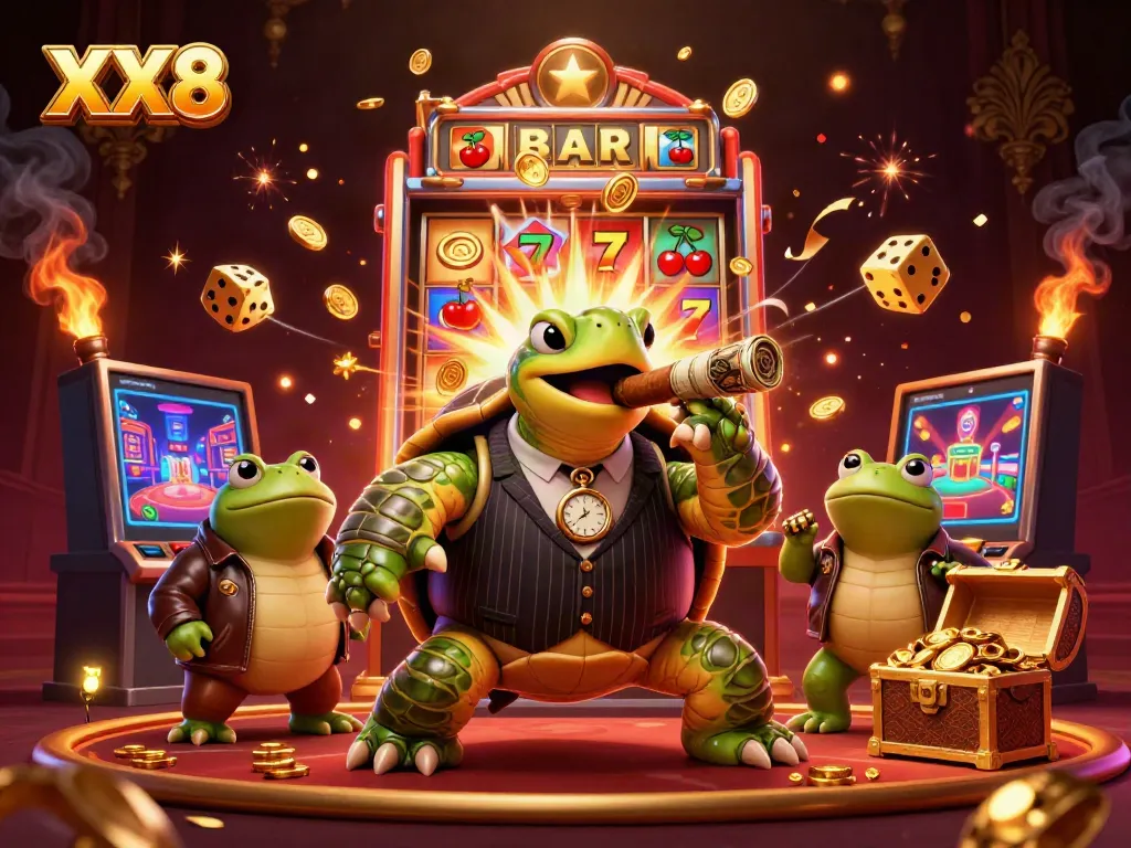 Experience the thrilling XX8 casino scene with a mobster turtle and frog enforcers amidst vivid slot machine action.
