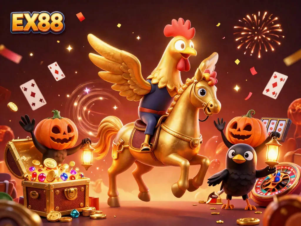 Experience EX88's vibrant casino world with illuminated characters and rich gaming elements for an exciting adventure.