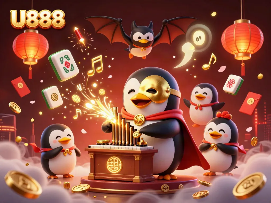 Experience U888's thrilling casino atmosphere with a ghostly penguin playing an organ shooting gold coins.