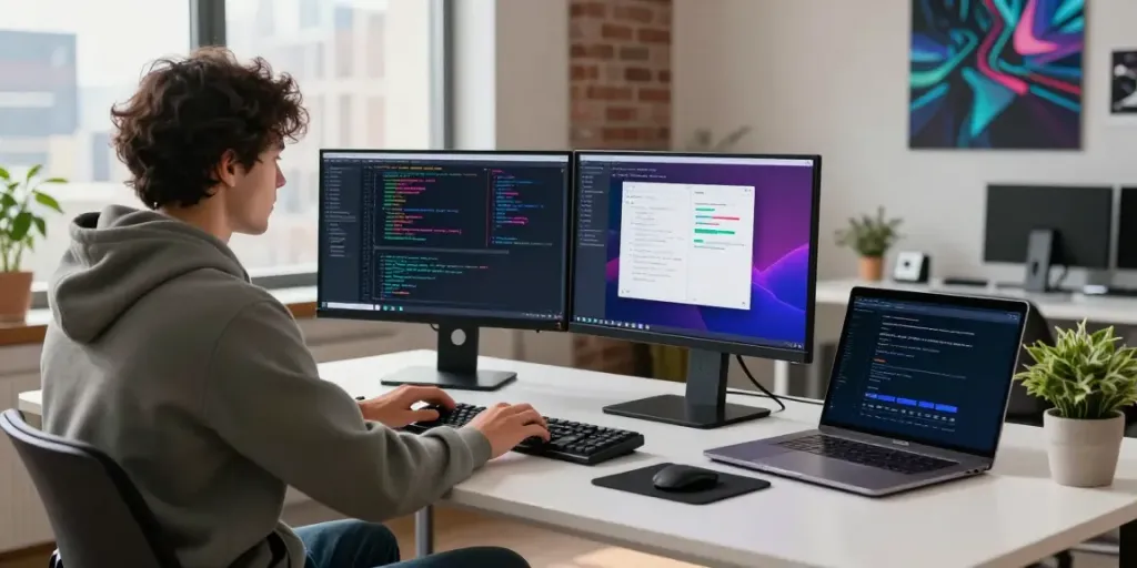 Developer coding with dual monitors displaying apk app interfaces in a modern office.