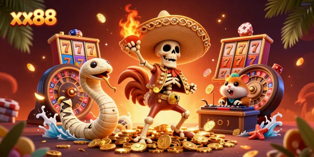 Experience excitement at xx88 with a vibrant casino scene featuring fun characters and rich gaming elements.