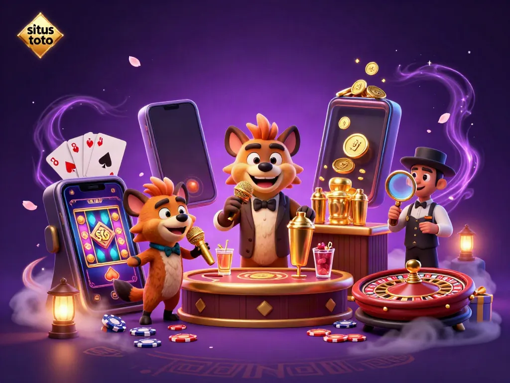 Situs toto hyena-themed casino illustration with a comedian, bartender, and bouncer in a vibrant scene.
