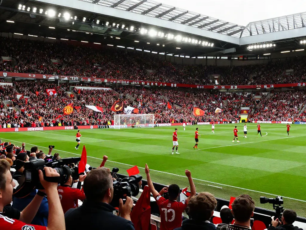 Manchester United vs Liverpool 10 นัดล่าสุด match atmosphere, fans celebrating football rivalry, stadium lights.