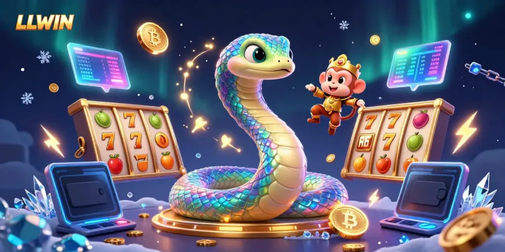 LLWIN displays vibrant casino excitement with colorful characters and jackpot elements in a dynamic 3D scene.