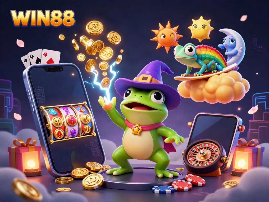 WIN88 wizard frog creating golden coin storm in vibrant casino illustration