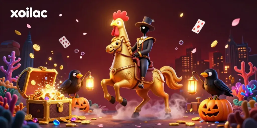 Experience the thrill of xoilac with a vibrant casino scene featuring a golden rooster and treasure galore.
