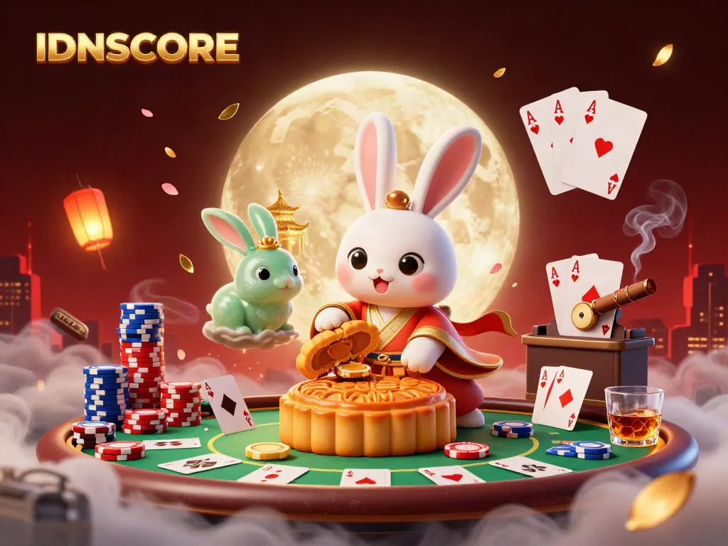 Experience thrilling wins with IDNSCORE at a whimsical casino scene featuring a moon rabbit and poker chips.