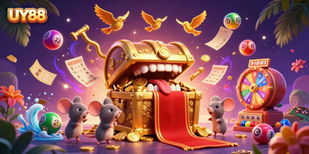 Win big with UY88's treasure chest, enticing players with gold coins and vibrant gambling elements.