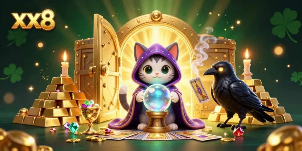 Engage with the mystical world of xx8, featuring a fortune teller cat and a tarot-dealing raven amidst gold treasures.