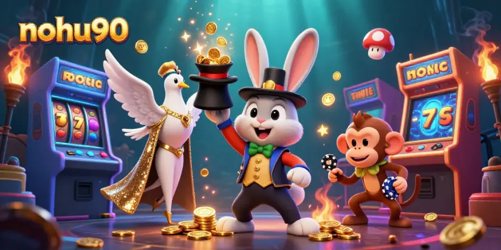 Engaging scene with nohu90's mascot magician rabbit showcasing a vibrant casino environment.