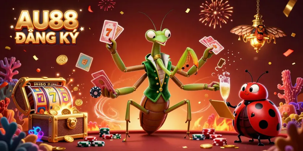 Join the excitement of AU88 ĐĂNG KÝ featuring a giant card sharp and ladybug pit boss amidst vibrant casino scenes.