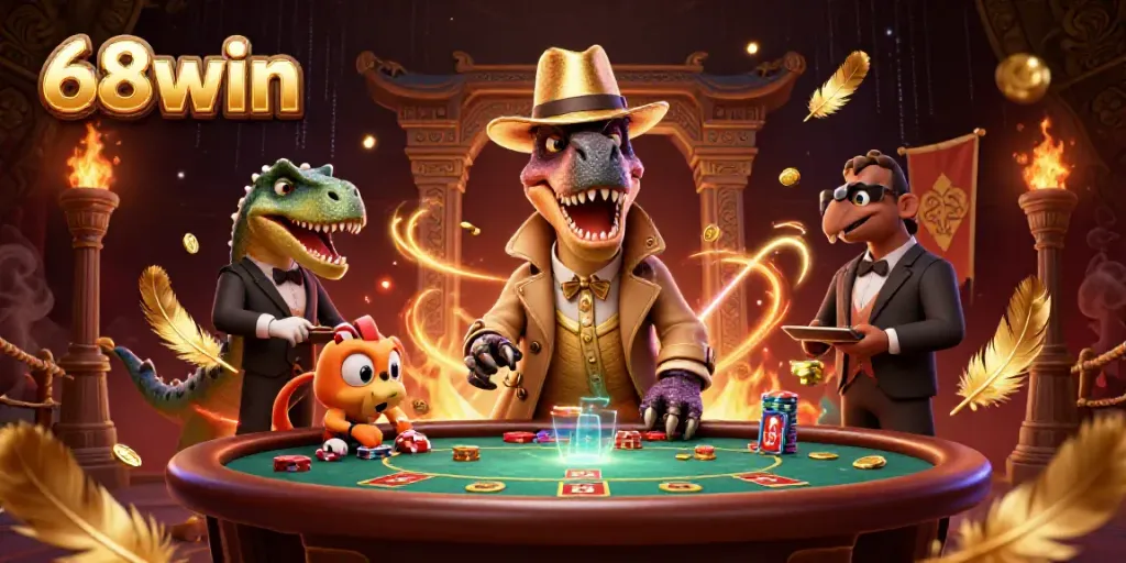 Experience the thrill of 68win casino with a velociraptor at the blackjack table in this dynamic illustration.