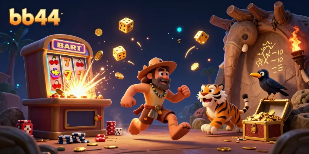 Engage in thrilling activities at bb44's dynamic prehistoric casino with a caveman, tiger, and clever crow.