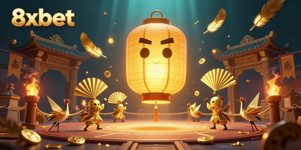 Experience the thrilling casino fun at 8xbet with dynamic golden lanterns and epic warriors.