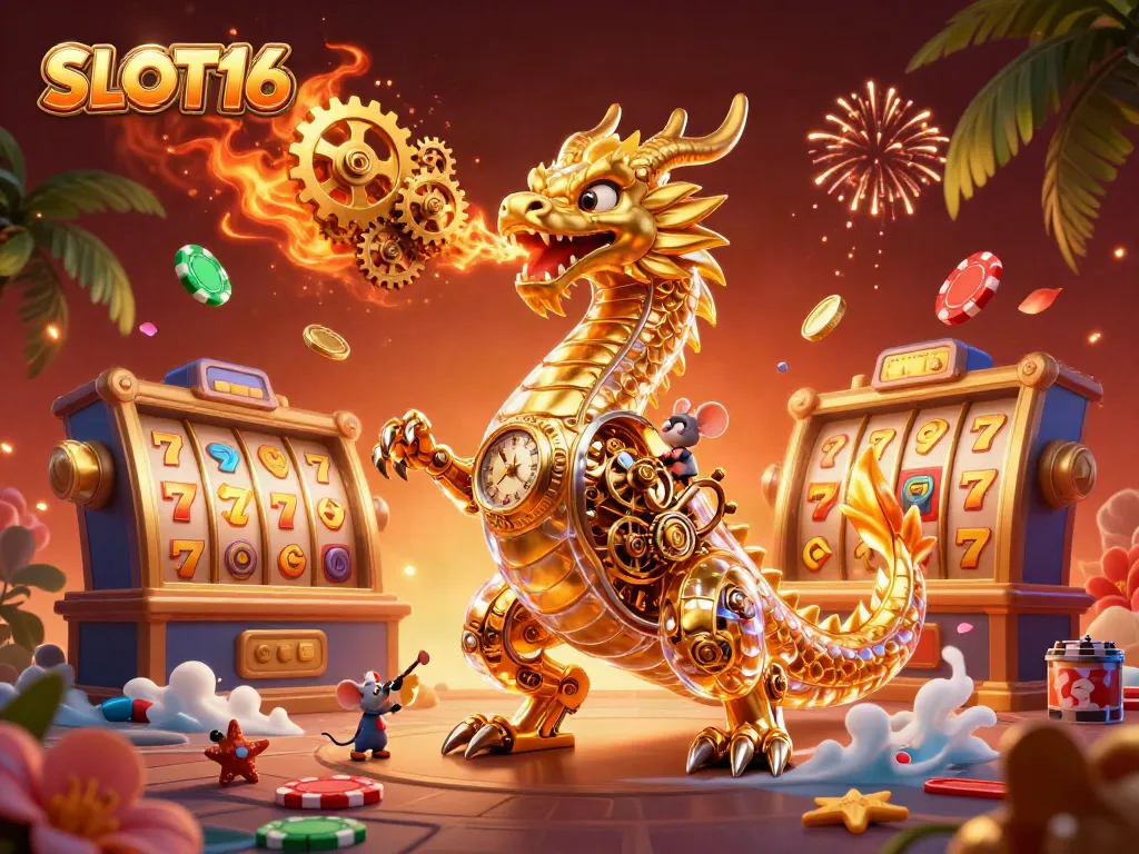 Experience the excitement of SLOT16 with a vibrant 3D scene featuring a biomechanical dragon and slot elements.