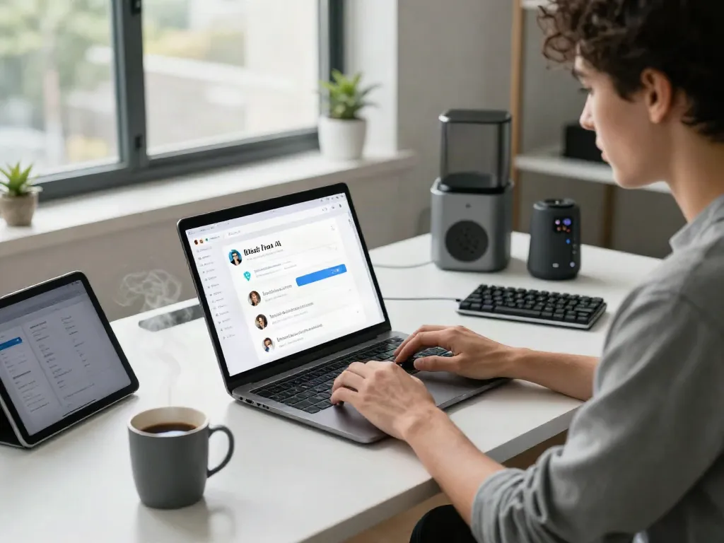 Engaged user in a modern workspace utilizing an unfiltered AI chat platform on a sleek laptop amidst tech gadgets.